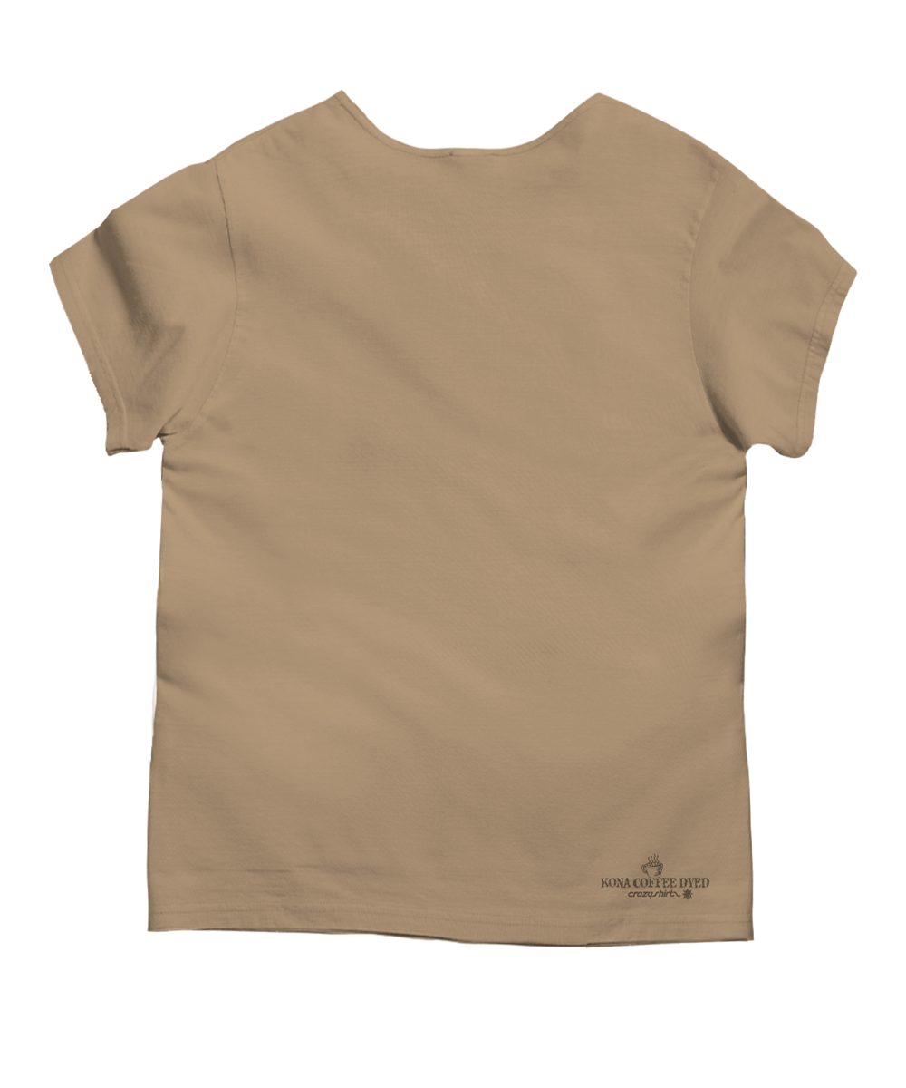 Beige t-shirt with a brand logo on the back against a white background View 4