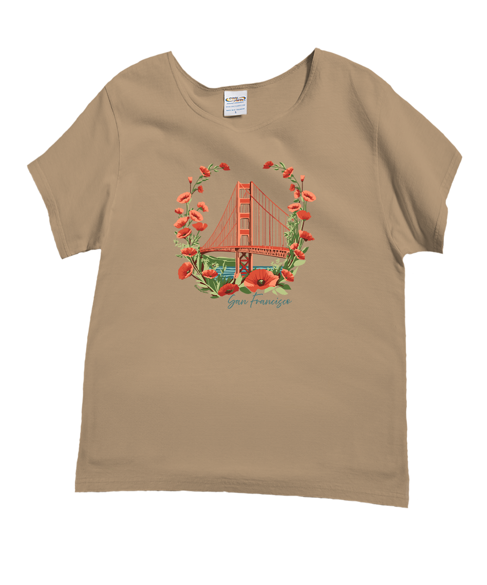 Beige t-shirt with a graphic of the Golden Gate Bridge and flowers on a white background View 1