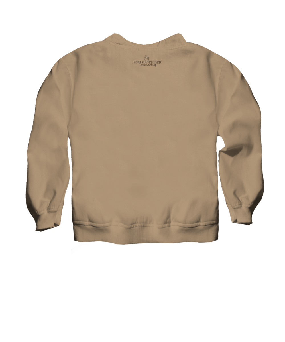 A tan crewneck sweatshirt shown from the back, featuring a small dark brown printed logo near the top center. View 4