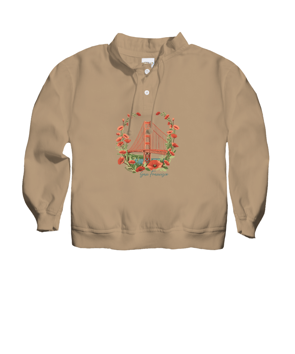 A tan long-sleeve pullover sweatshirt with a buttoned collar and a central graphic of the Golden Gate Bridge framed by red flowers, shown on a plain white background. View 1