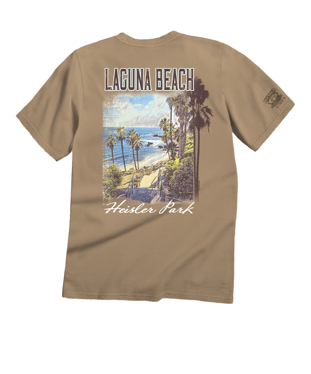 beige t-shirt with 'Laguna Beach' and palm tree design View 1
