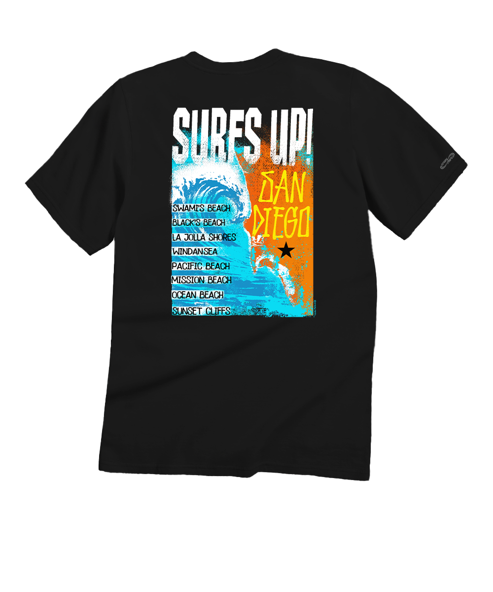 Black t-shirt with 'Surfs Up! San Diego' graphic on a white background View 1