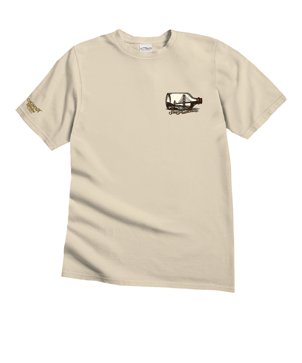 Beige t-shirt with a logo on the chest and text on the sleeve against a white background View 4