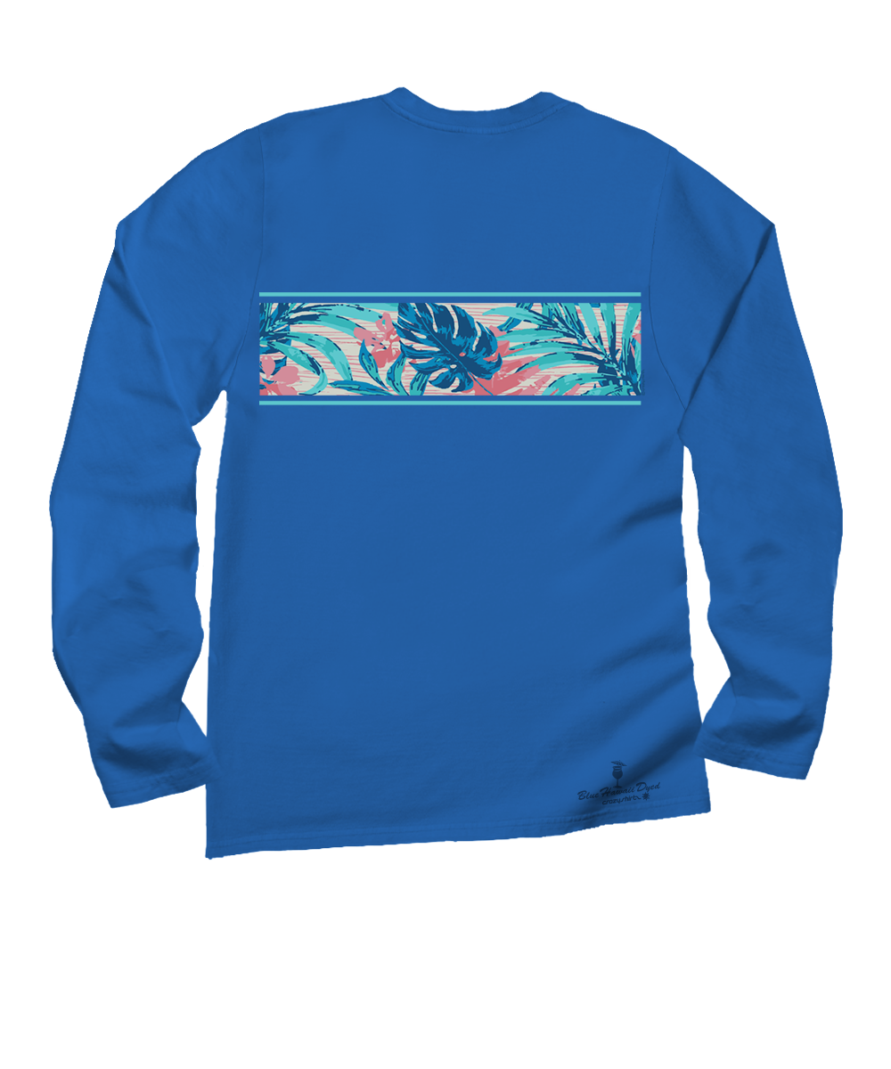 A royal blue long-sleeve t-shirt with a horizontal tropical leaf pattern graphic across the chest in shades of teal, pink, and white, shown on a plain white background. View 4