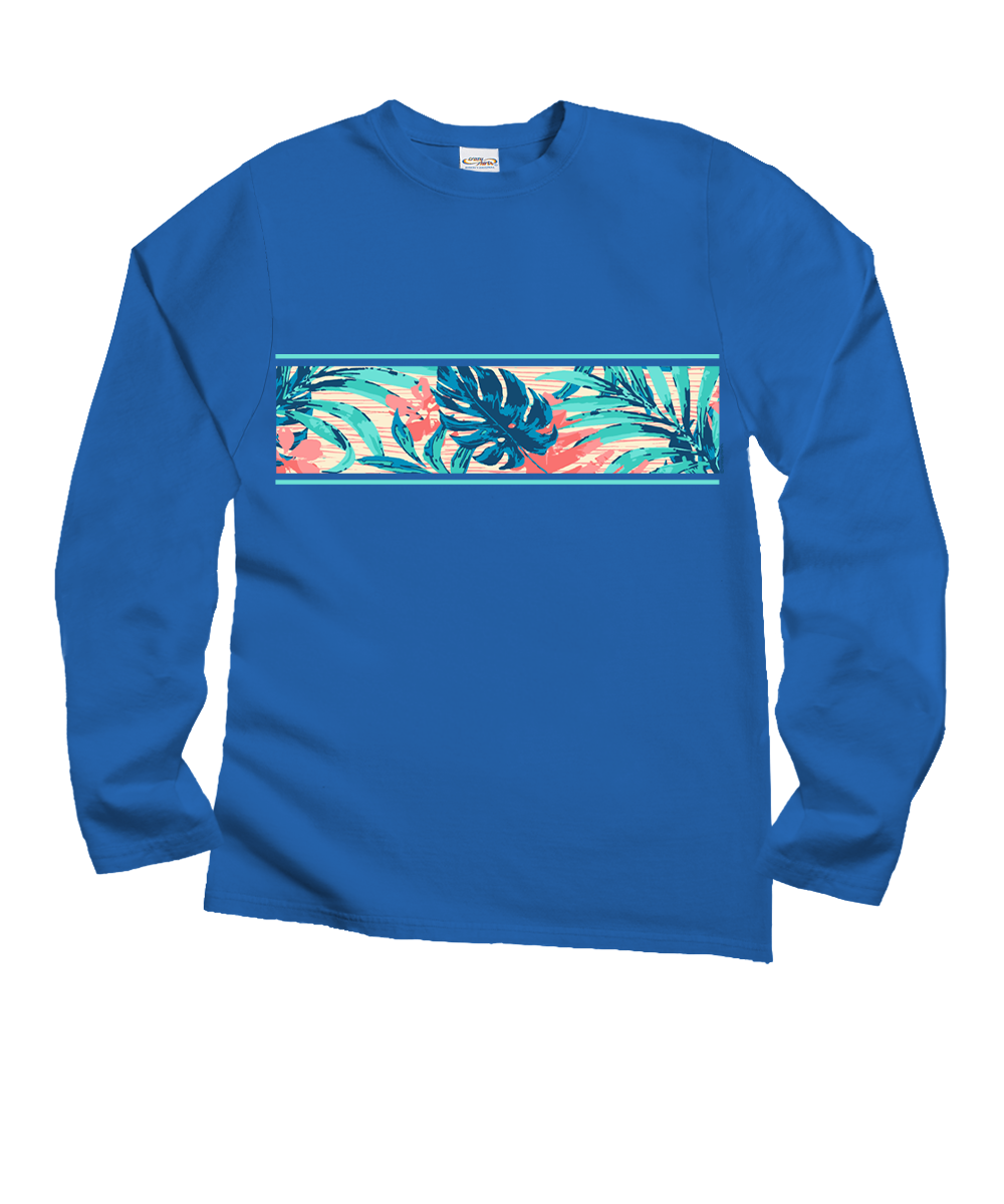 A royal blue long-sleeve crewneck shirt featuring a horizontal tropical leaf and floral pattern band across the chest, displayed on a clean white background. View 1