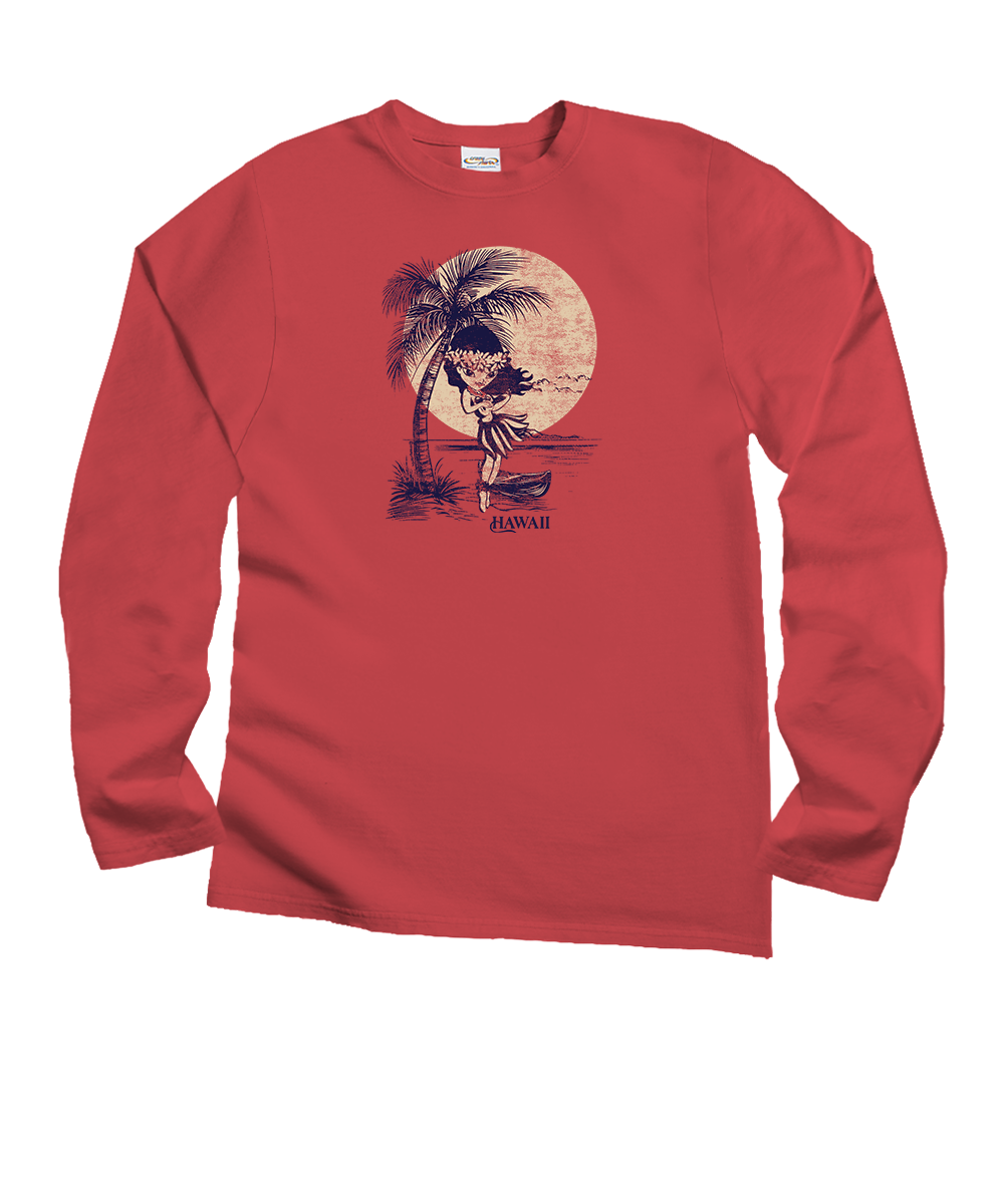 A red long-sleeve crewneck t-shirt featuring a vintage-style graphic print of a surfer riding a wave under a palm tree in front of a large sun, with the word 'HAWAII' printed below. View 1