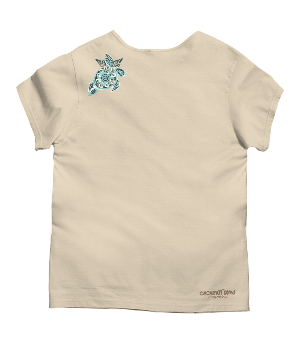 A cream-colored short-sleeve t-shirt shown from the back, featuring a teal and blue patterned turtle graphic on the upper left shoulder and a logo printed near the bottom right hem. View 4