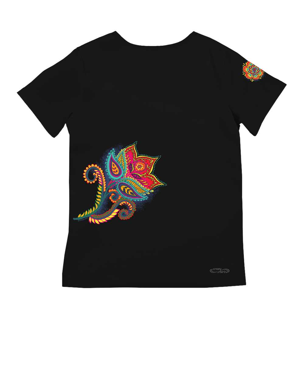 Black t-shirt with a colorful paisley design on a white background View 4