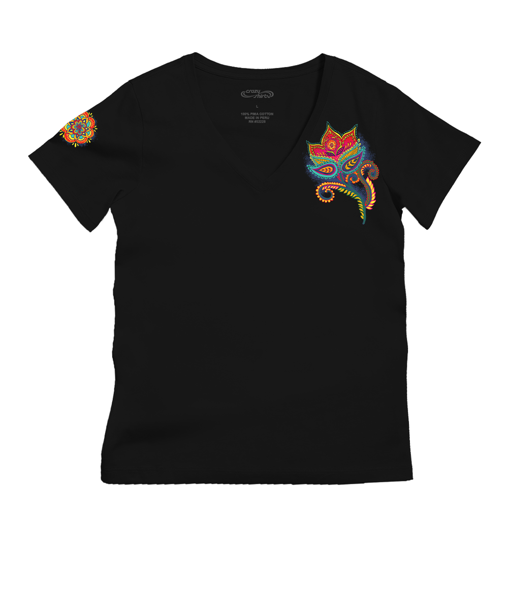 Black t-shirt with colorful floral designs on sleeves and chest against a white background View 1