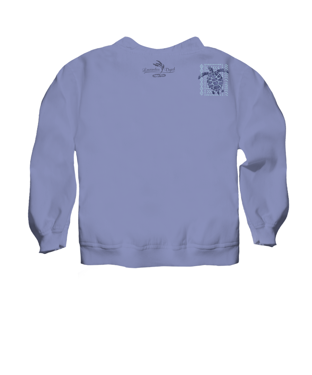 A light periwinkle blue crewneck sweatshirt shown from the back, featuring a small dark blue turtle graphic on the upper right back and a small logo on the upper left back. View 4
