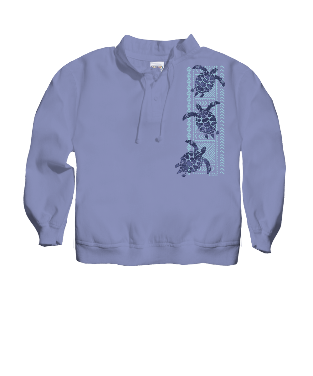 A light periwinkle blue sweatshirt with a drawstring half-placket and a vertical graphic on the left chest featuring three dark blue sea turtles inside a light blue patterned border. View 1