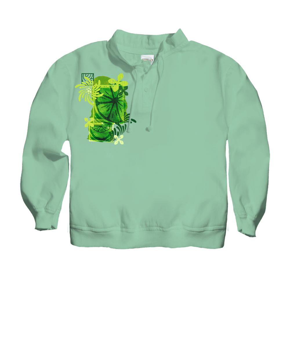 Light green hoodie with a colorful graphic on a white background View 1