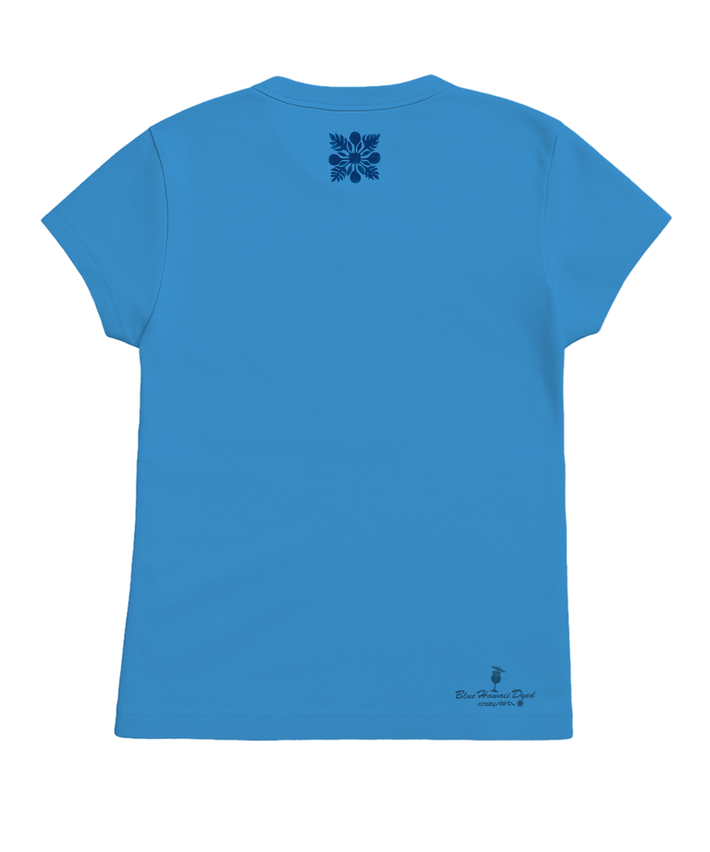 A bright blue short-sleeve t-shirt shown from the back, featuring a dark blue snowflake-like logo near the upper back and a small brand logo near the lower right hem. View 4
