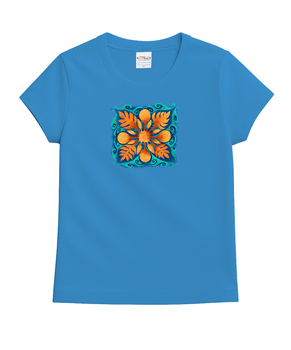 A bright blue short-sleeve crewneck t-shirt featuring a square graphic print on the chest with an orange and yellow floral design surrounded by teal leaves. View 1