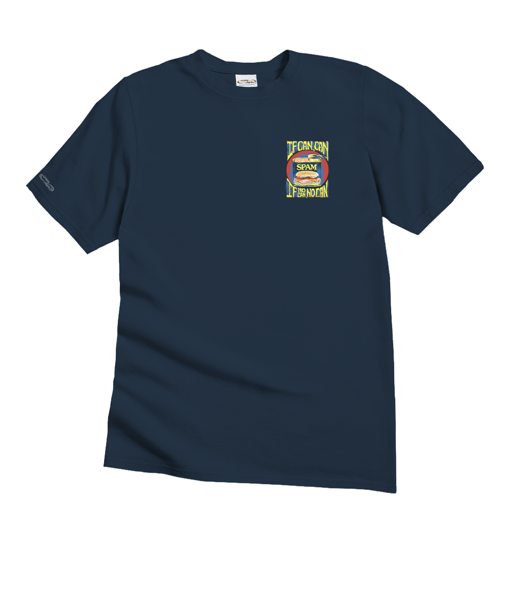navy t-shirt with a design of a spam can with yellow text "If Can Can, If No Can, No Can" against a white background. View 4