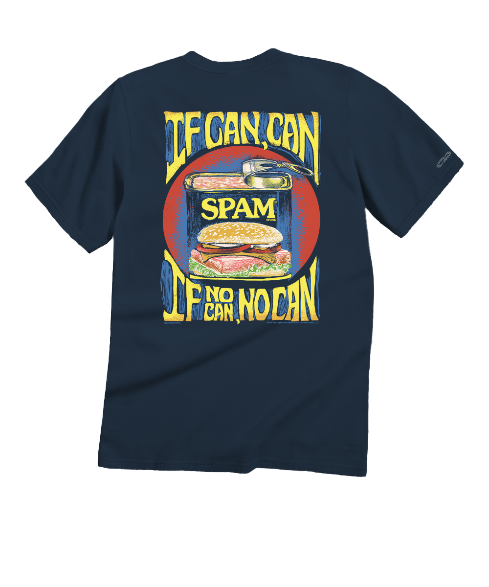 navy t-shirt with a design of a spam can with yellow text "If Can Can, If No Can, No Can" against a white background. View 1