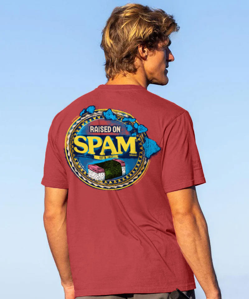 Person wearing a red t-shirt with 'Raised on Spam' graphic against a clear blue sky View 2