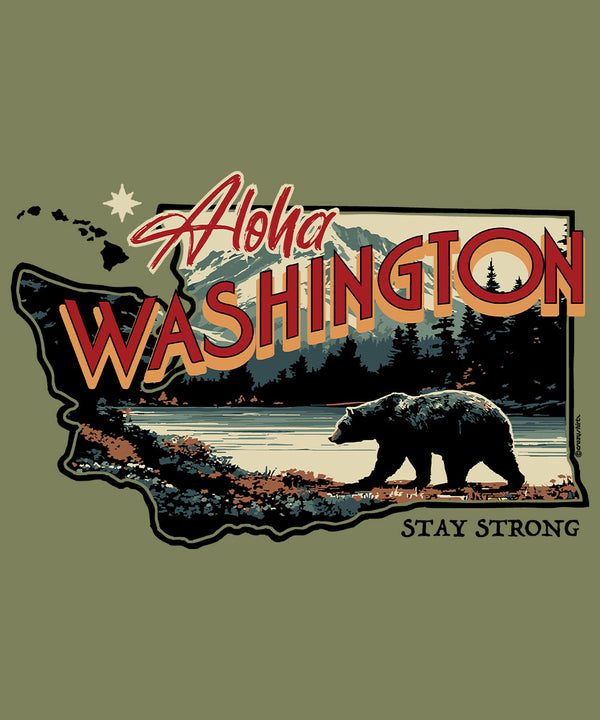 T-shirt design with 'Aloha Washington' and bear graphic on a green background
