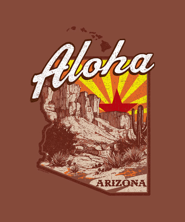 Illustration of Arizona with 'Aloha Arizona' text on a brown background