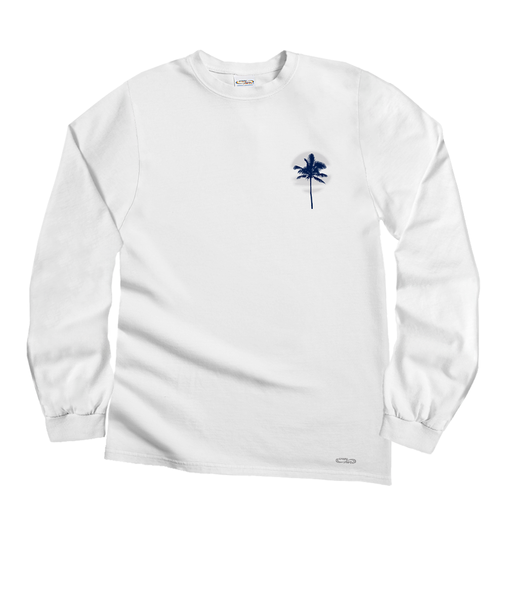 A white long-sleeve crewneck t-shirt with a small navy blue palm tree graphic on the left chest, displayed on a clean white background. View 4