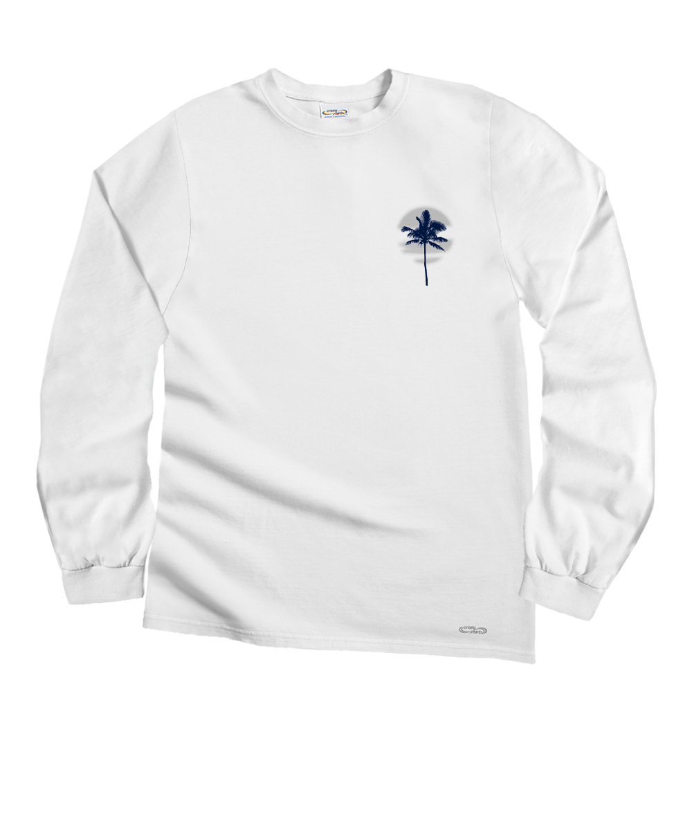 A white long-sleeve crewneck t-shirt with a small navy blue palm tree graphic printed on the left chest, displayed on a clean white background. View 4