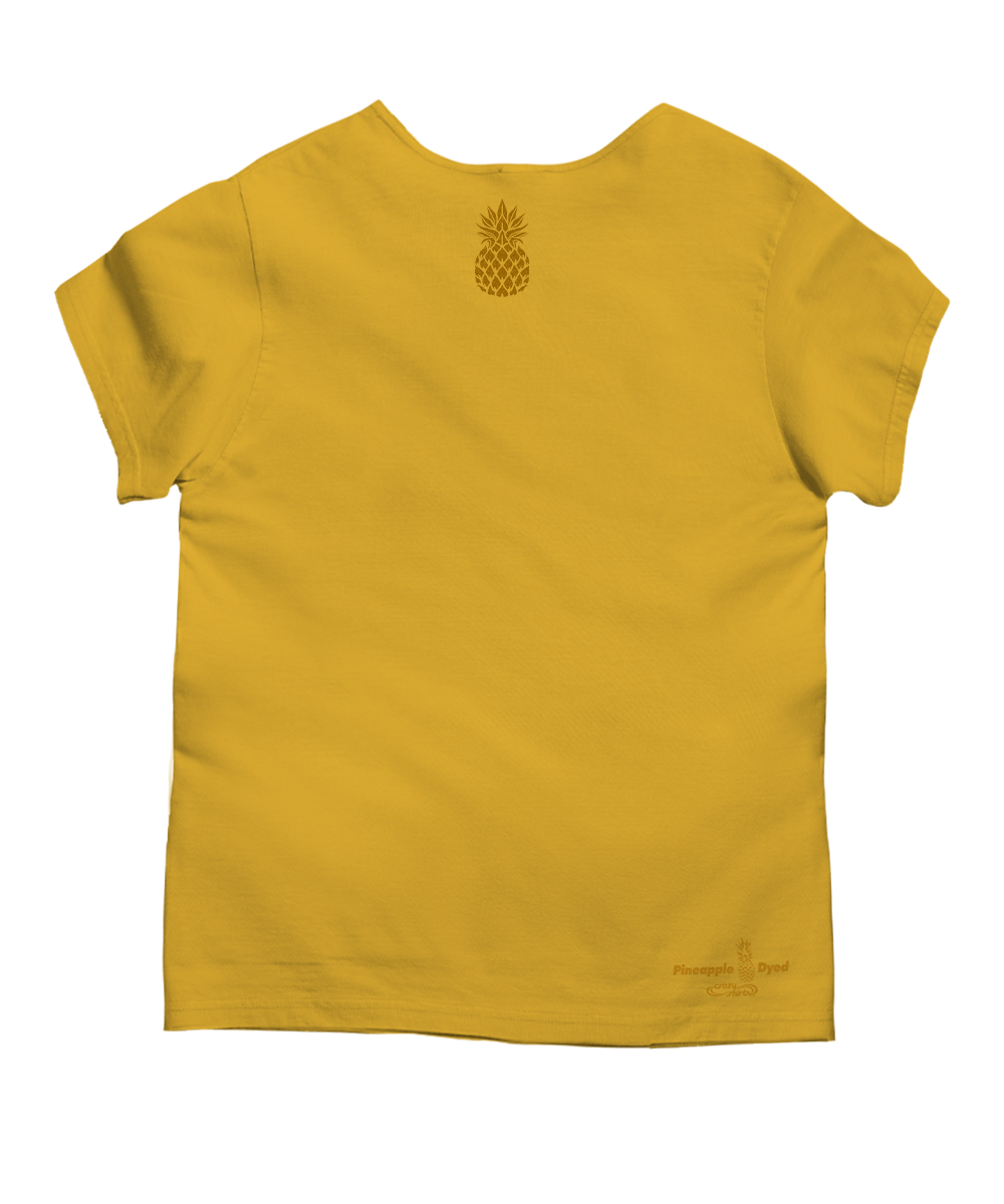 A yellow short-sleeve t-shirt shown from the back, featuring a small brown pineapples graphic centered below the neckline and a small 'Pineapples Apart' logo near the bottom right hem, set against a plain white background. View 4