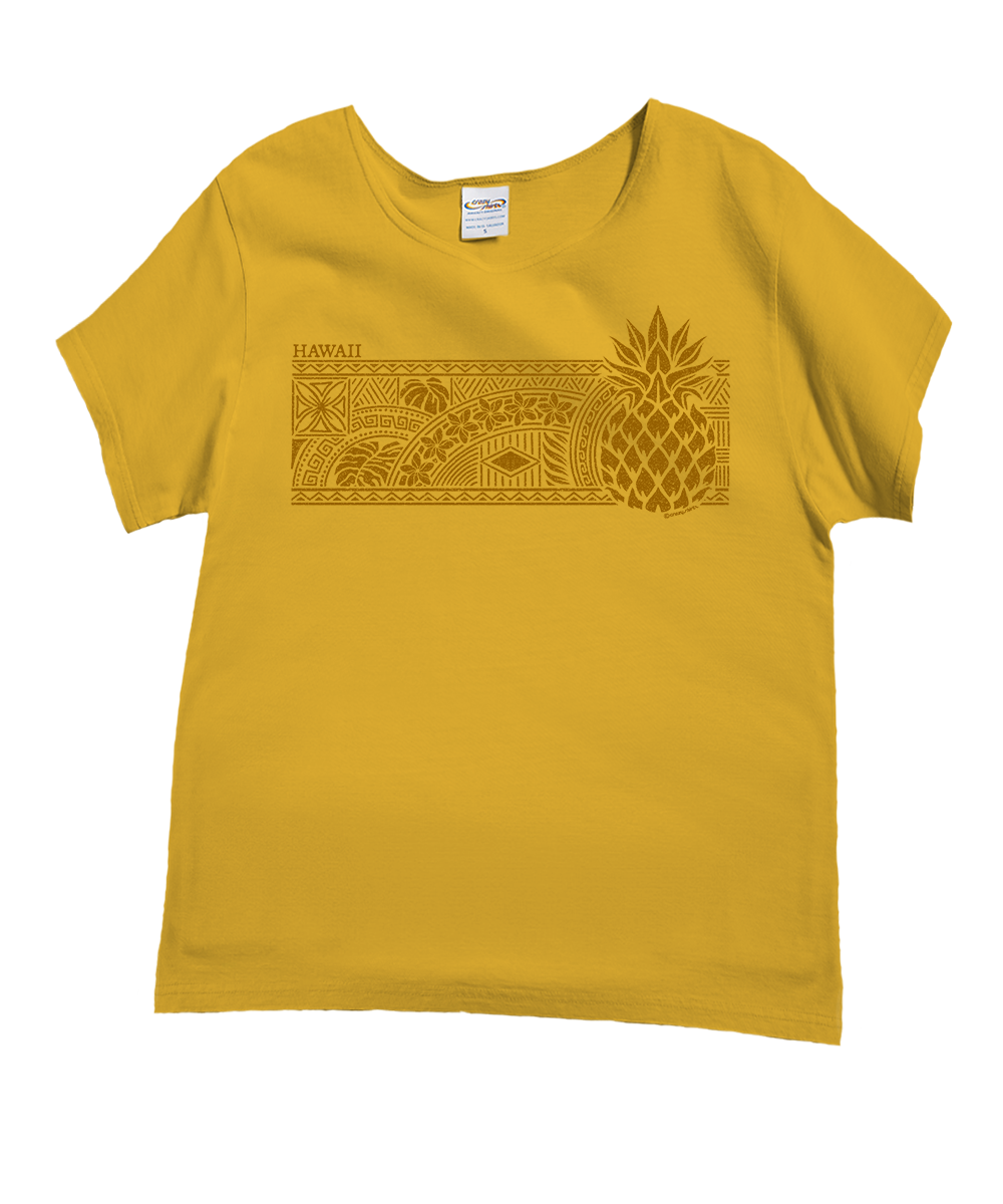 A yellow short-sleeve t-shirt with a brown graphic print featuring a Hawaiian pattern, the word 'HAWAII', and a pineapple illustration, displayed on a solid white background. View 1