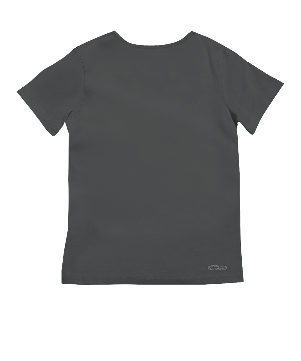 A dark gray short-sleeve t-shirt shown from the back, featuring a crew neck and a small white brand logo near the bottom right hem, set against a plain white background. View 4