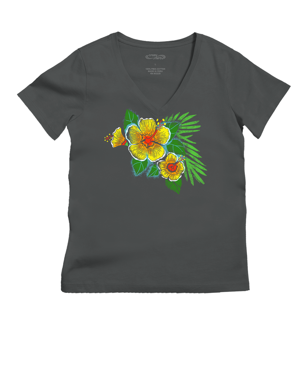 A dark gray v-neck t-shirt featuring a colorful graphic print of yellow hibiscus flowers and green tropical leaves on the front, displayed against a solid white background. View 1
