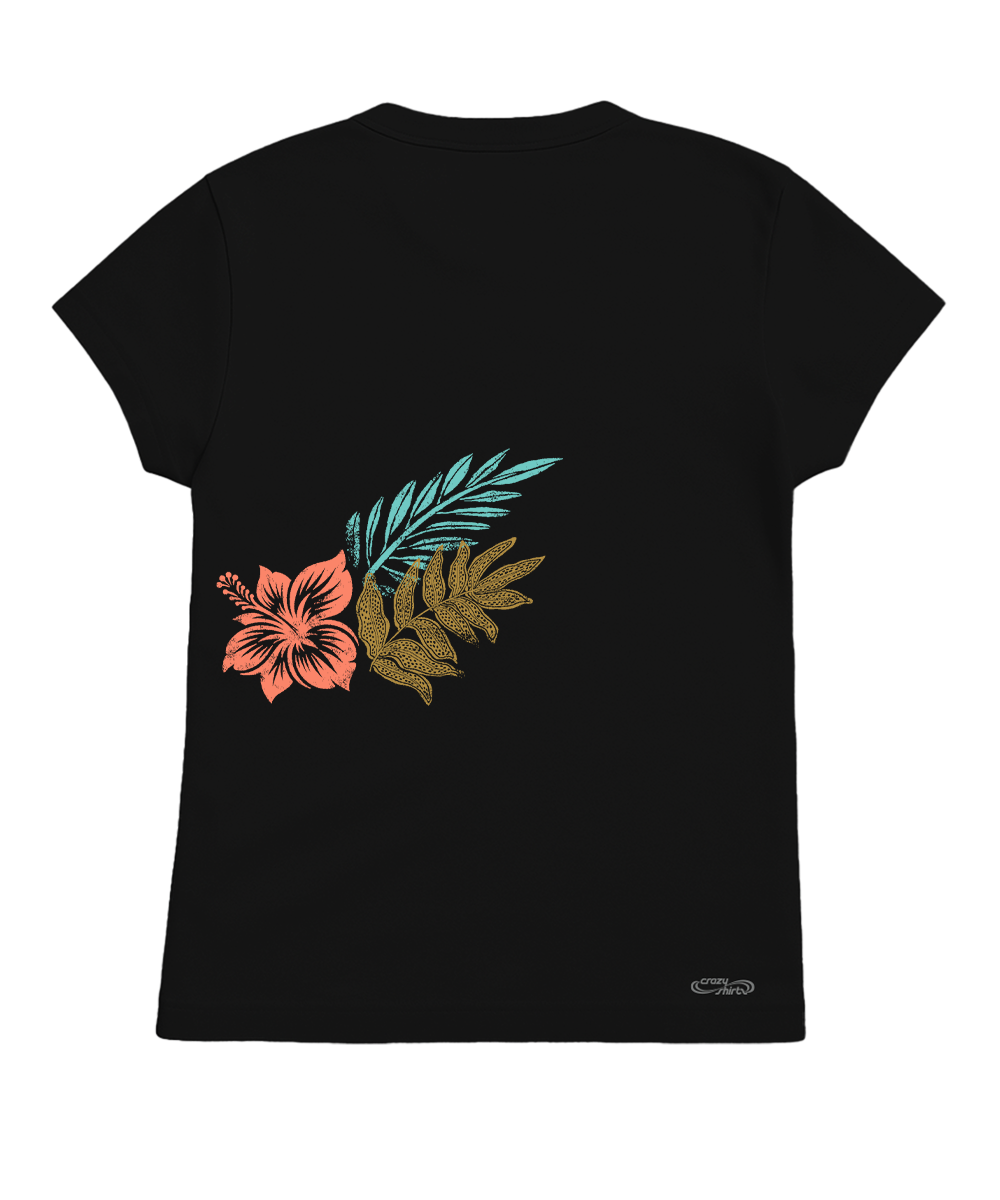 A black short-sleeve t-shirt with a colorful tropical graphic on the front, featuring a coral hibiscus flower, a teal fern leaf, and a gold palm frond. A small white 'Cult Classic' logo is printed near the bottom right hem. View 4