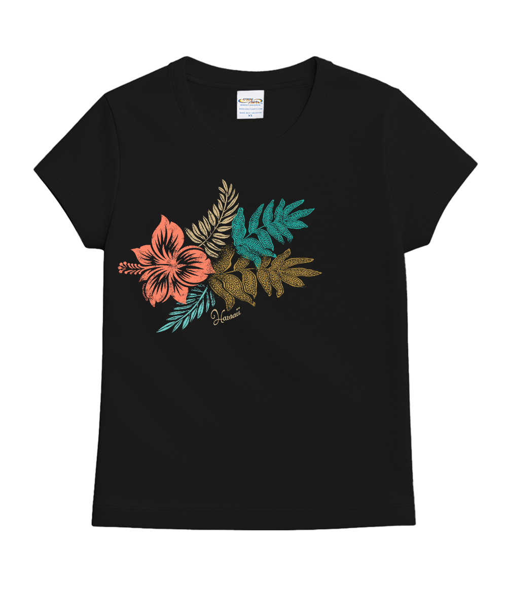 A black short-sleeve crewneck t-shirt featuring a colorful tropical floral and leaf graphic on the front, including a coral hibiscus flower, teal and gold leaves, and a small 'Pura' brand signature. View 1