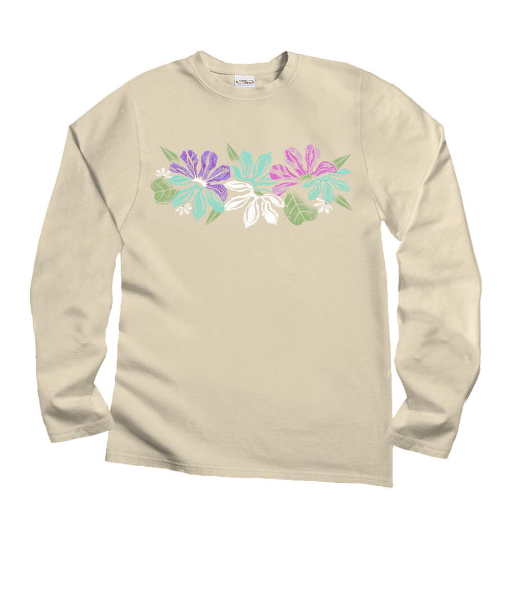 A beige long-sleeve crewneck t-shirt featuring a colorful graphic of stylized flowers and leaves in purple, pink, teal, and white on the chest, displayed against a solid white background. View 1