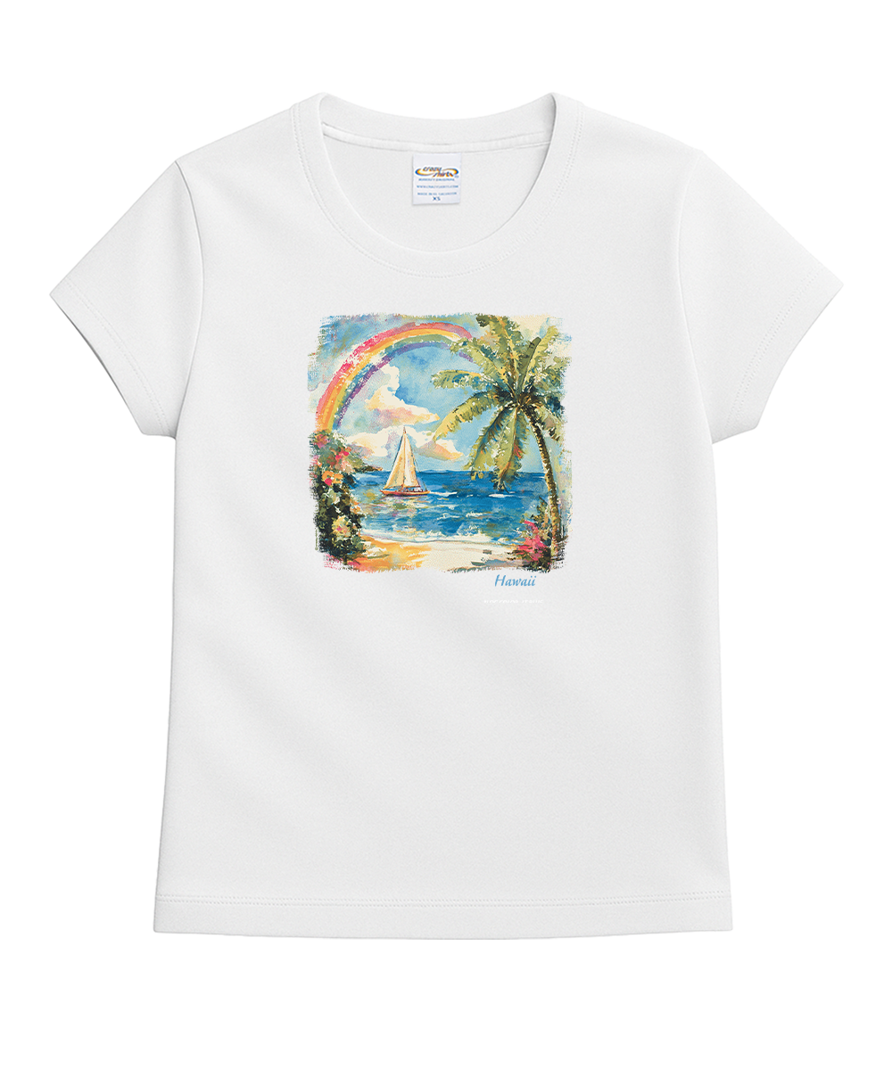 A white short-sleeve crewneck t-shirt featuring a colorful watercolor-style graphic of a tropical beach scene with a rainbow, palm tree, sailboat, and the word 'Hawaii'. View 1