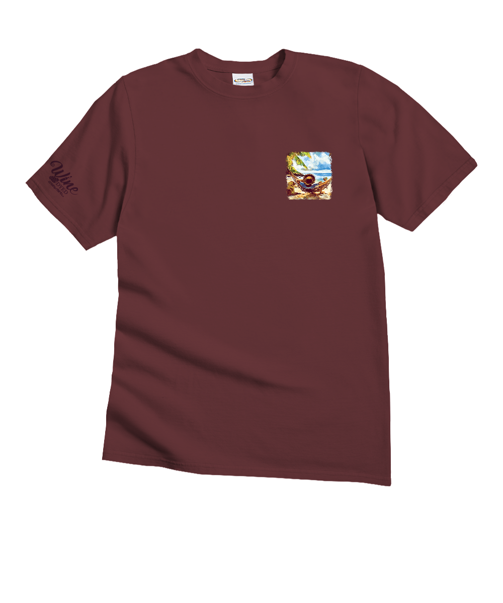 A maroon short-sleeve crewneck t-shirt with a small square graphic on the left chest depicting a beach scene and a red sun, plus a dark script logo on the right sleeve, shown against a plain white background. View 4
