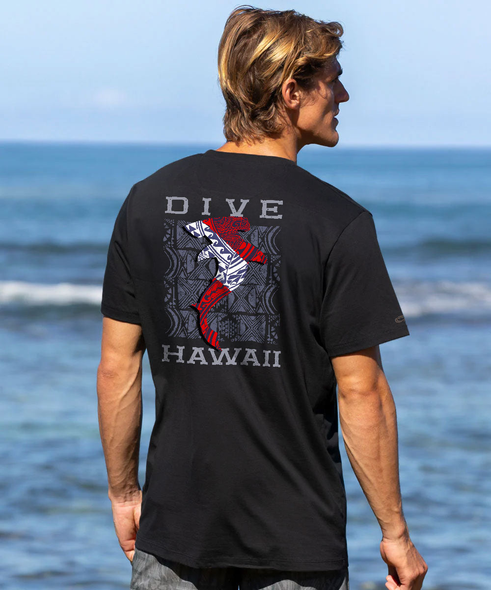 A man standing on a beach with the ocean in the background, wearing a black t-shirt with a large back graphic that reads 'DIVE HAWAII' and features a red, white, and gray design. View 2