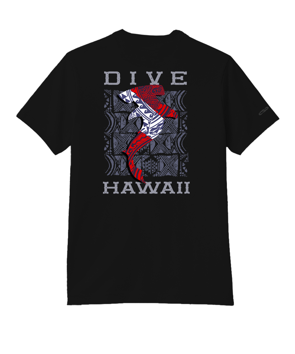 A black short-sleeve t-shirt with a graphic on the front featuring the text 'DIVE HAWAII' and a stylized fish illustration in red, white, and gray over a Polynesian pattern background. View 1