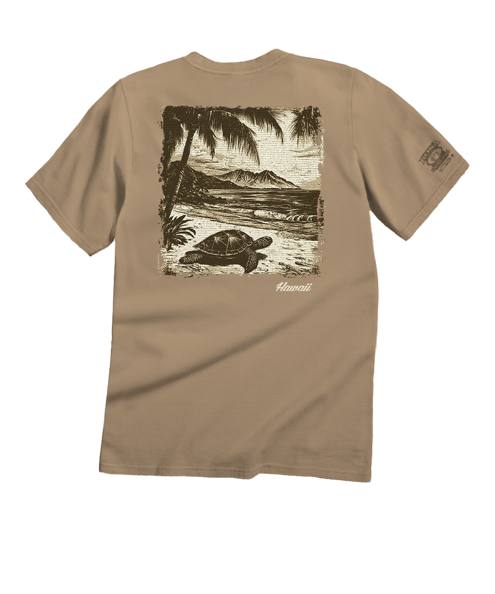 Beige t-shirt with a turtle and palm tree graphic on a white background View 1