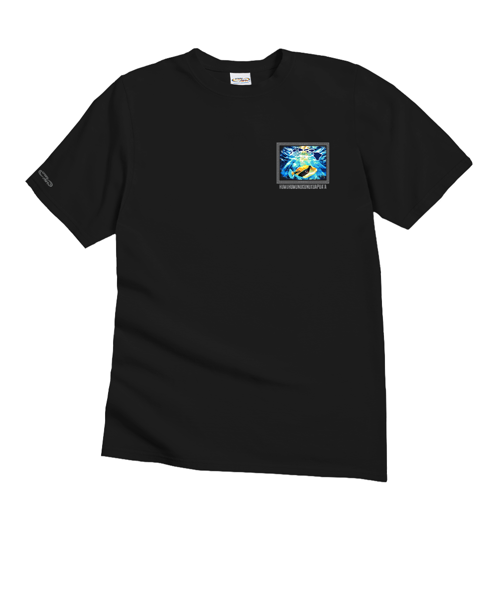 A black short-sleeve crewneck t-shirt with a small colorful graphic on the left chest depicting a winged figure and the text 'Humuhumunukunukuapuaa'. View 4