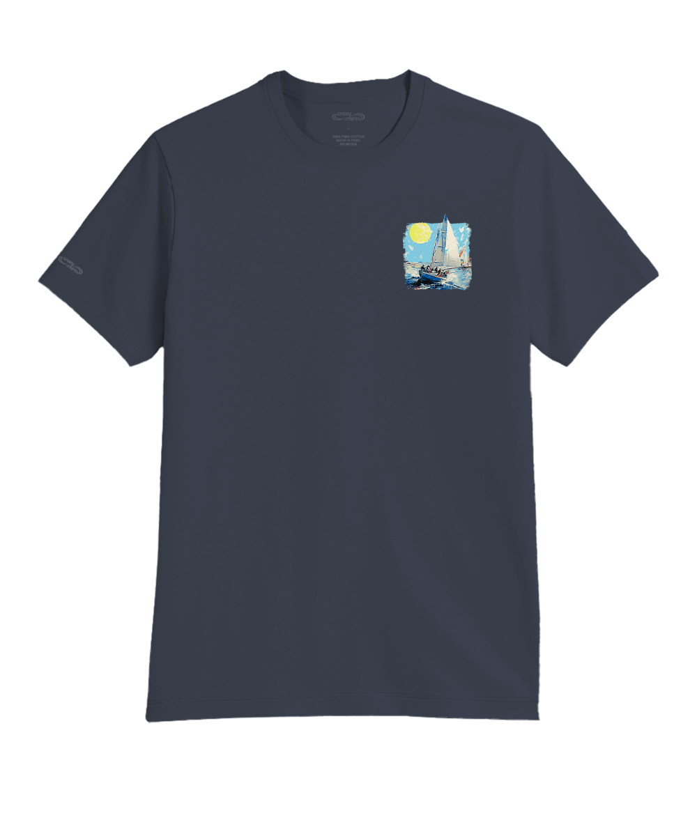 A dark navy blue short-sleeve crewneck t-shirt with a small square graphic on the left chest depicting a sailboat in a Van Gogh-inspired style, shown against a plain white background. View 4