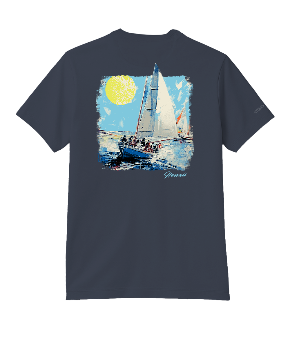 A dark navy blue short-sleeve t-shirt with a large square graphic print on the back depicting a sailboat scene under a bright yellow sun in a blue sky. View 1