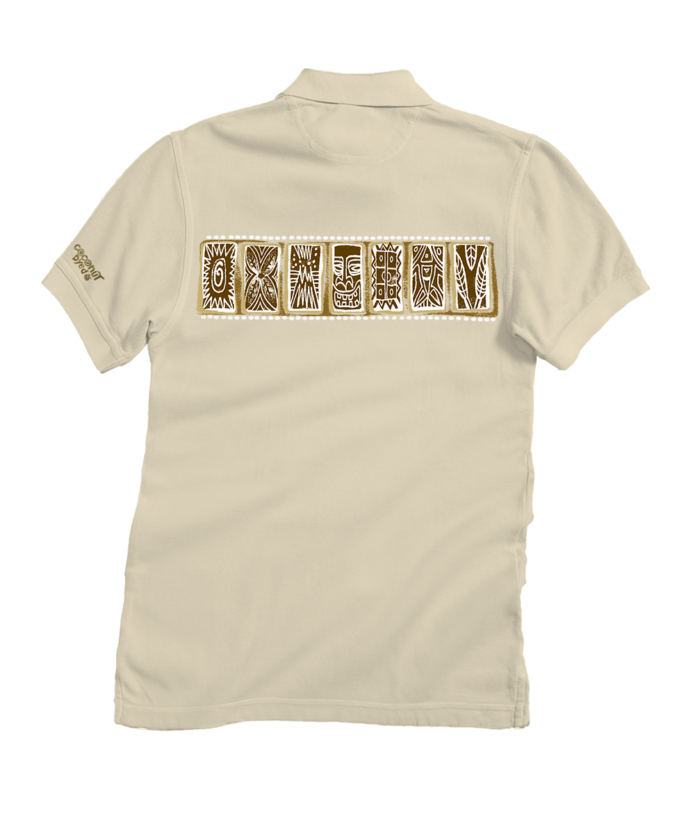 Beige polo with a tribal design on the back against a white background View 4
