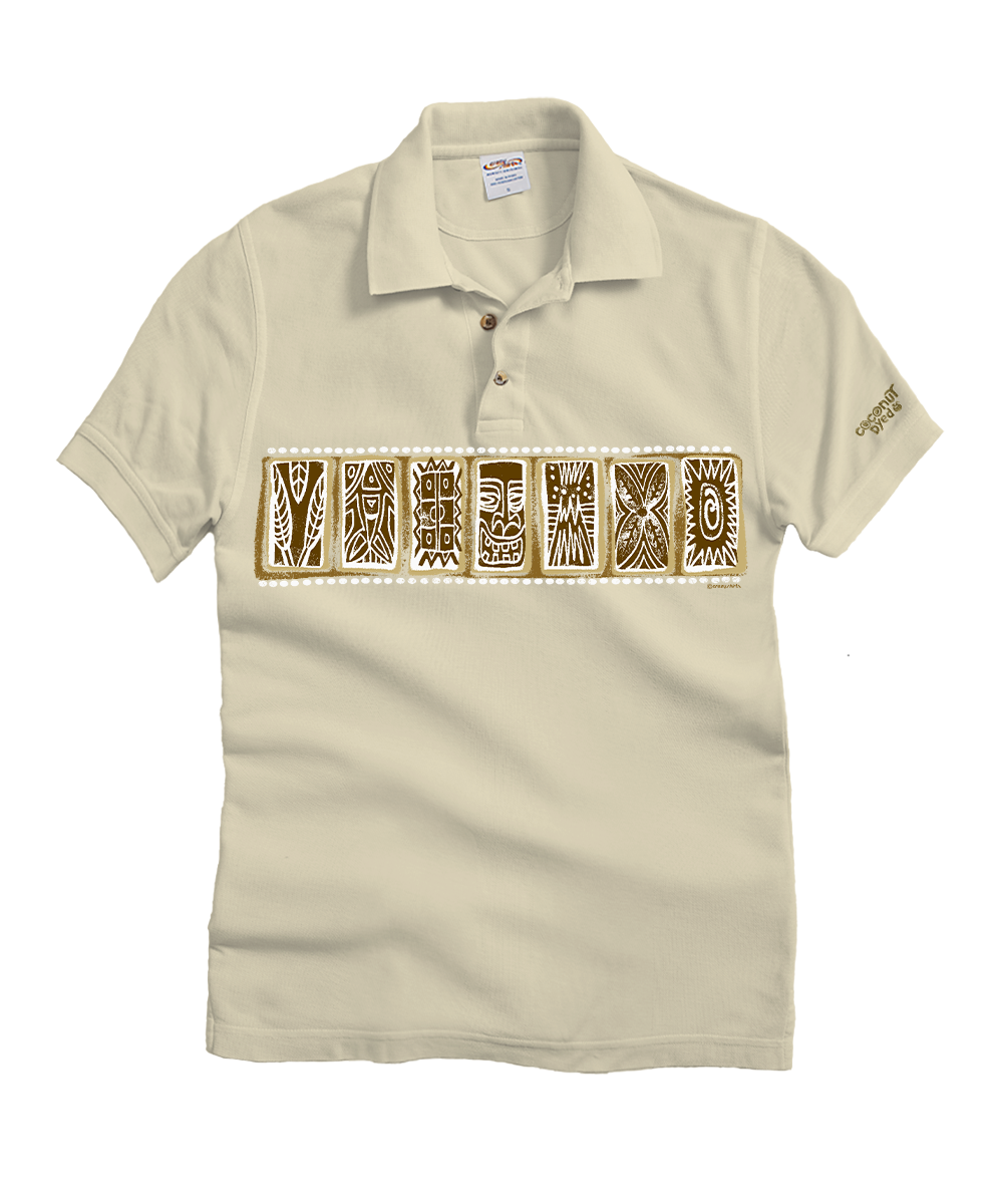 Beige polo with a tribal design on the back against a white background View 1