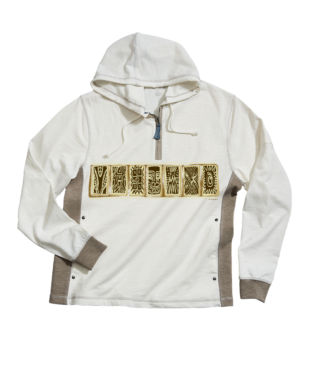 An off-white hooded sweatshirt with a half-zip front, featuring a horizontal graphic print across the chest with stylized lettering and brown side panels, shown against a plain white background. View 1