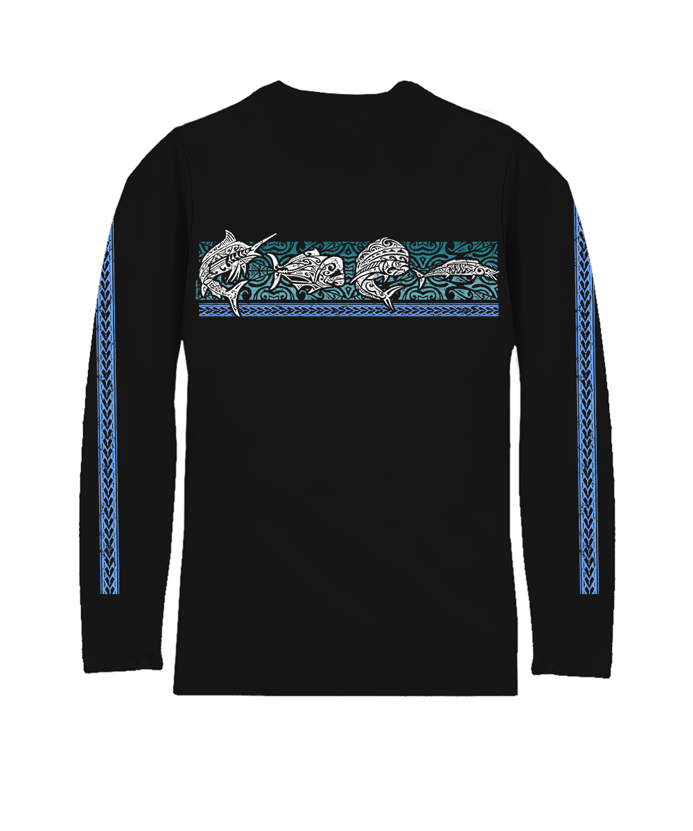 A black long-sleeve crewneck shirt featuring a horizontal tribal-style graphic across the chest with three fish and blue patterned stripes down both sleeves, shown against a plain white background. View 4