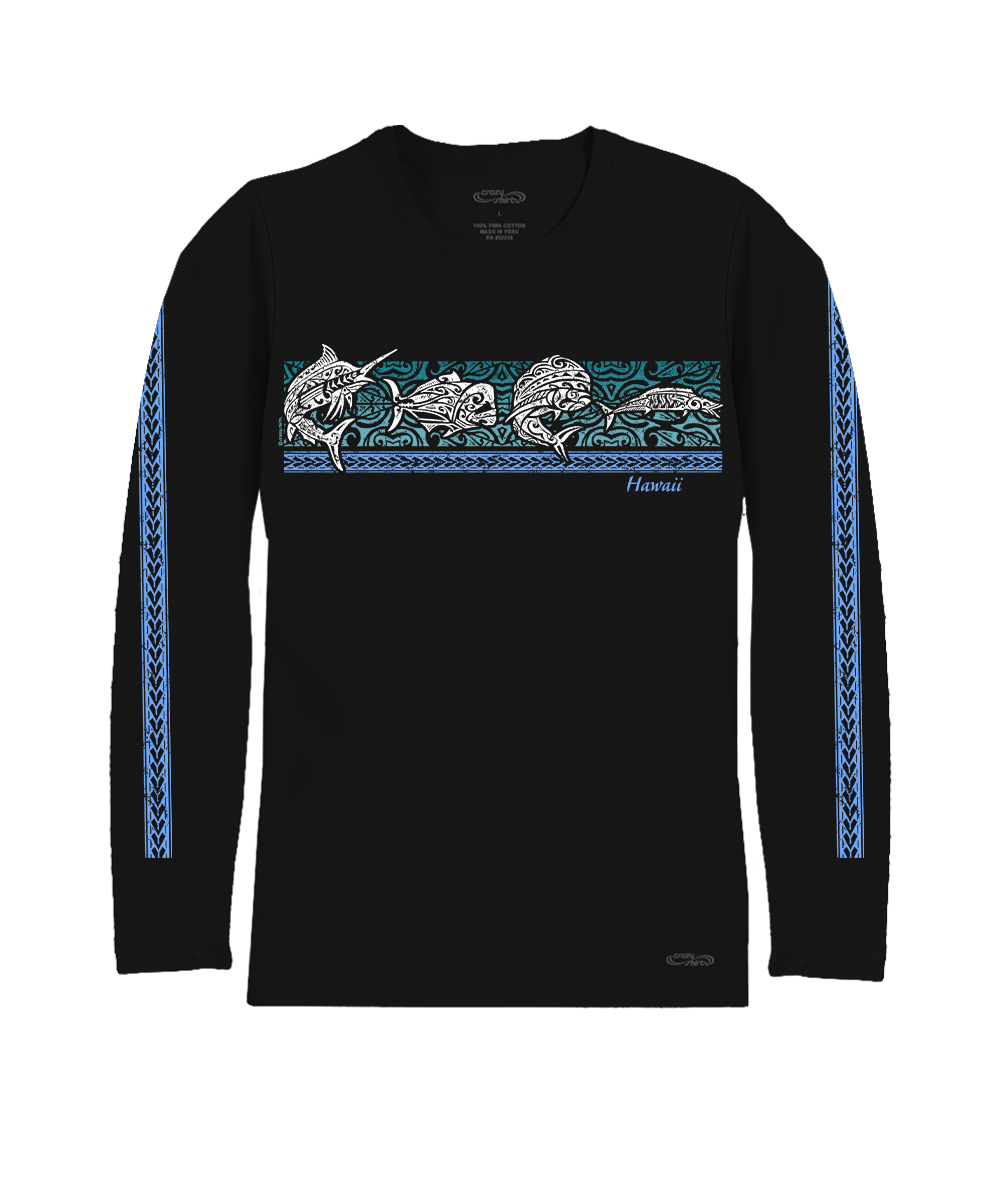 A black long-sleeve crewneck shirt featuring a horizontal Polynesian-style graphic across the chest with three fish and blue patterned stripes down both sleeves, on a white background. View 1