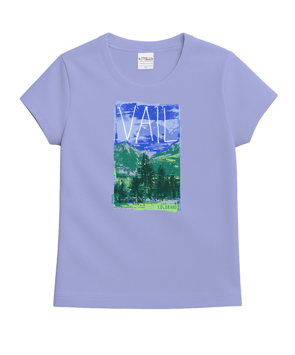 A light purple short-sleeve crewneck t-shirt featuring a colorful graphic print of a mountain landscape with the word 'VAIL' in white text, displayed on a clean white background. View 1
