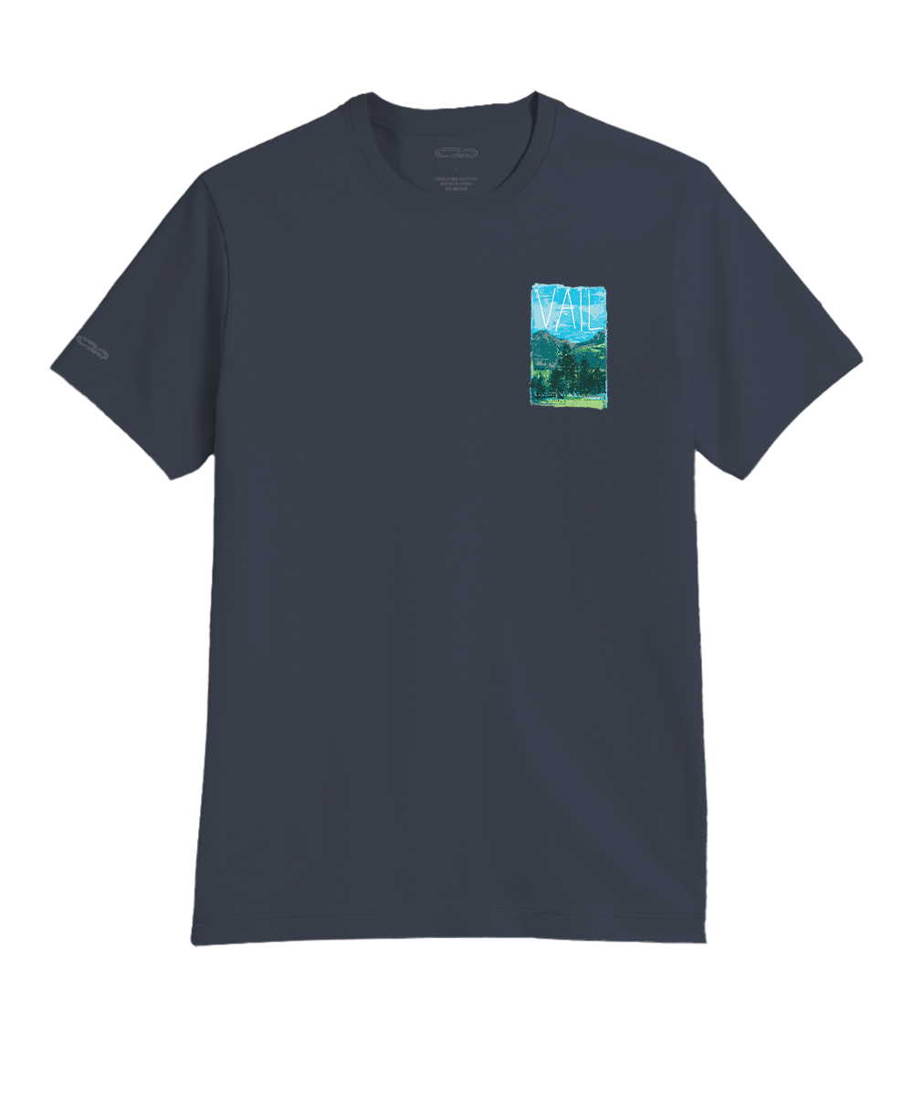 A dark navy blue short-sleeve t-shirt with a small rectangular landscape graphic on the left chest, displayed against a solid white background. View 4