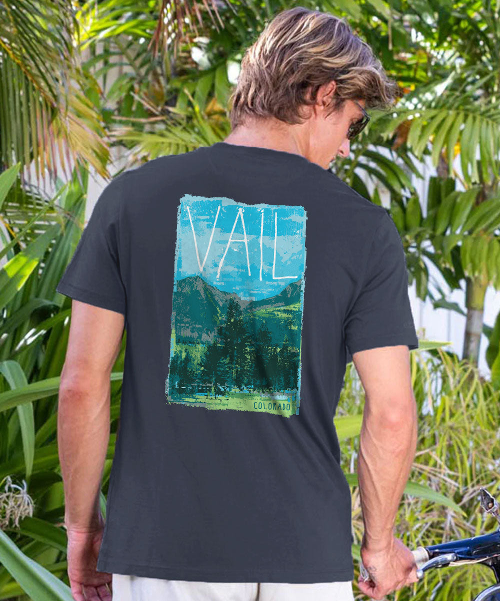 A man wearing a dark charcoal gray t-shirt with a large back graphic showing a mountain landscape and the word 'VAIL' in white, photographed outdoors in front of lush green tropical foliage. View 2