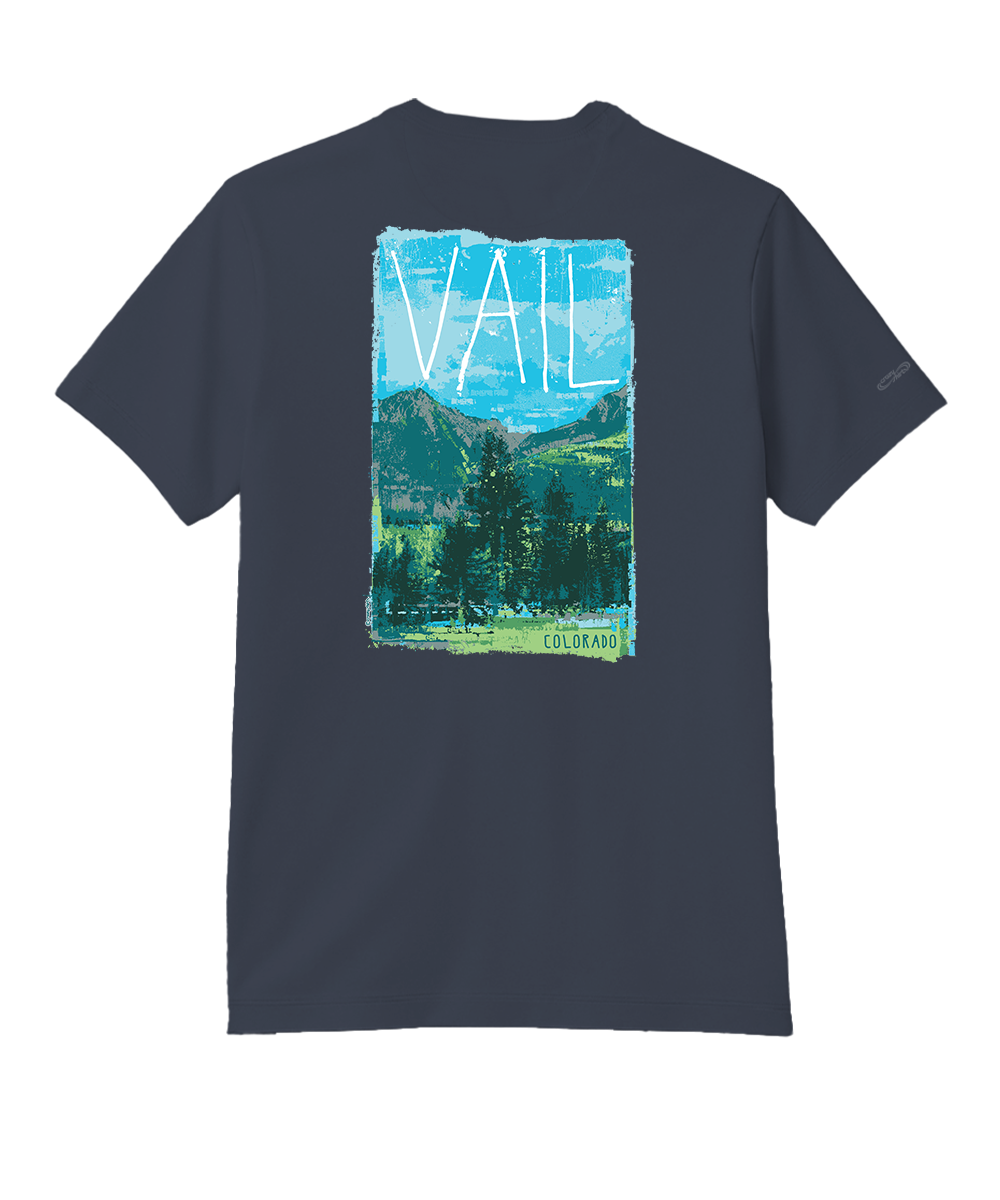 A dark navy blue short-sleeve t-shirt shown from the back, featuring a large rectangular graphic print of a mountain landscape with pine trees and the word 'VALENTINE' in white text. View 1