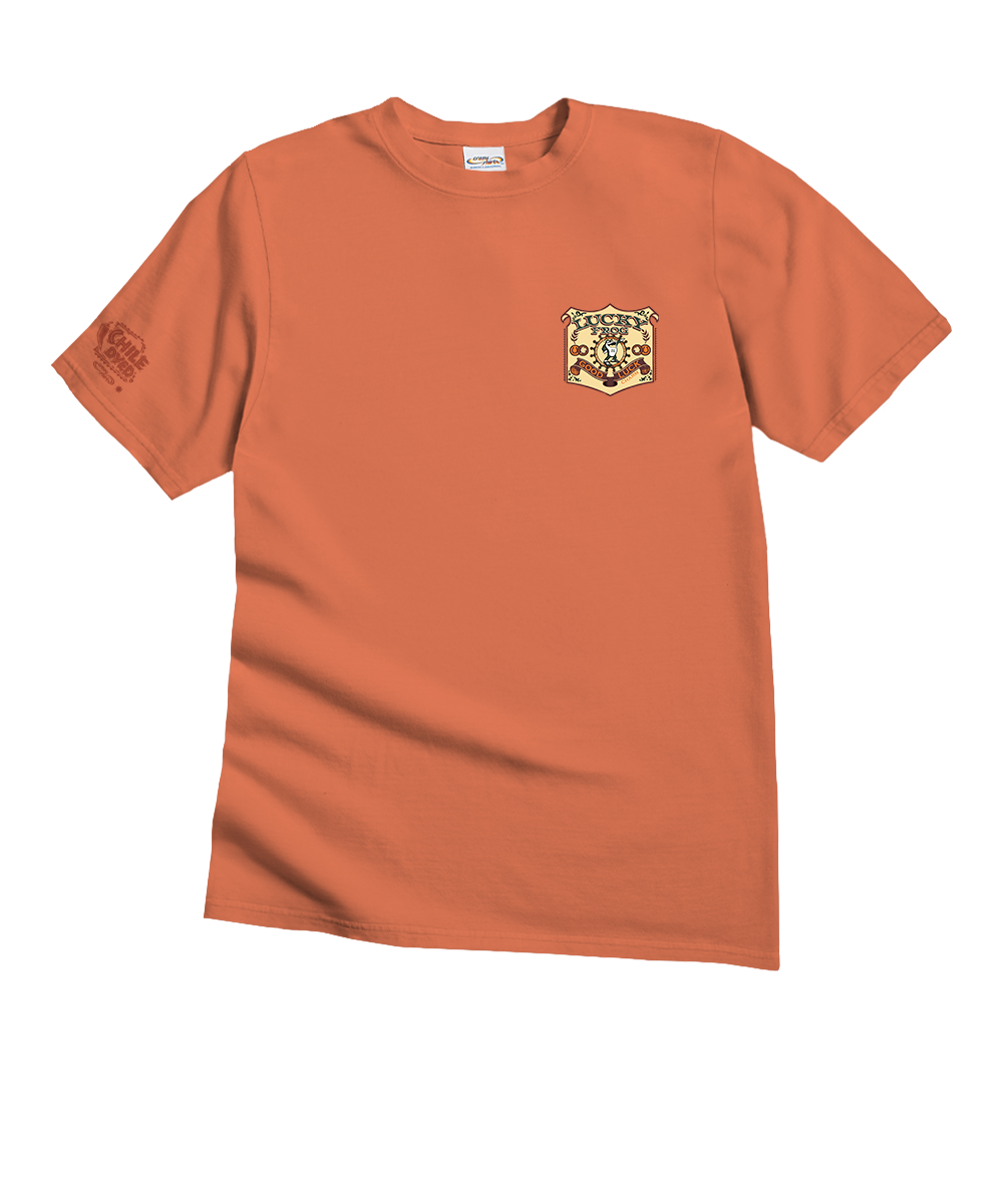 An orange short-sleeve crewneck t-shirt with a small shield-shaped crest printed on the left chest, displayed on a clean white background. View 4